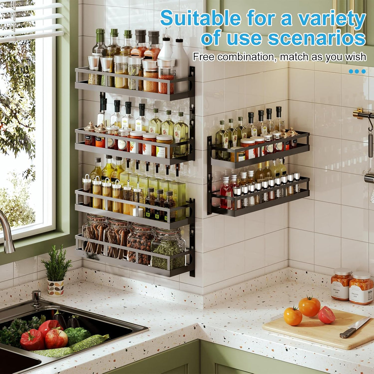 X-cosrack 6-Tier Wall-Mounted Spice Rack Organizer with Mixed Basket Sizes, Height-Adjustable