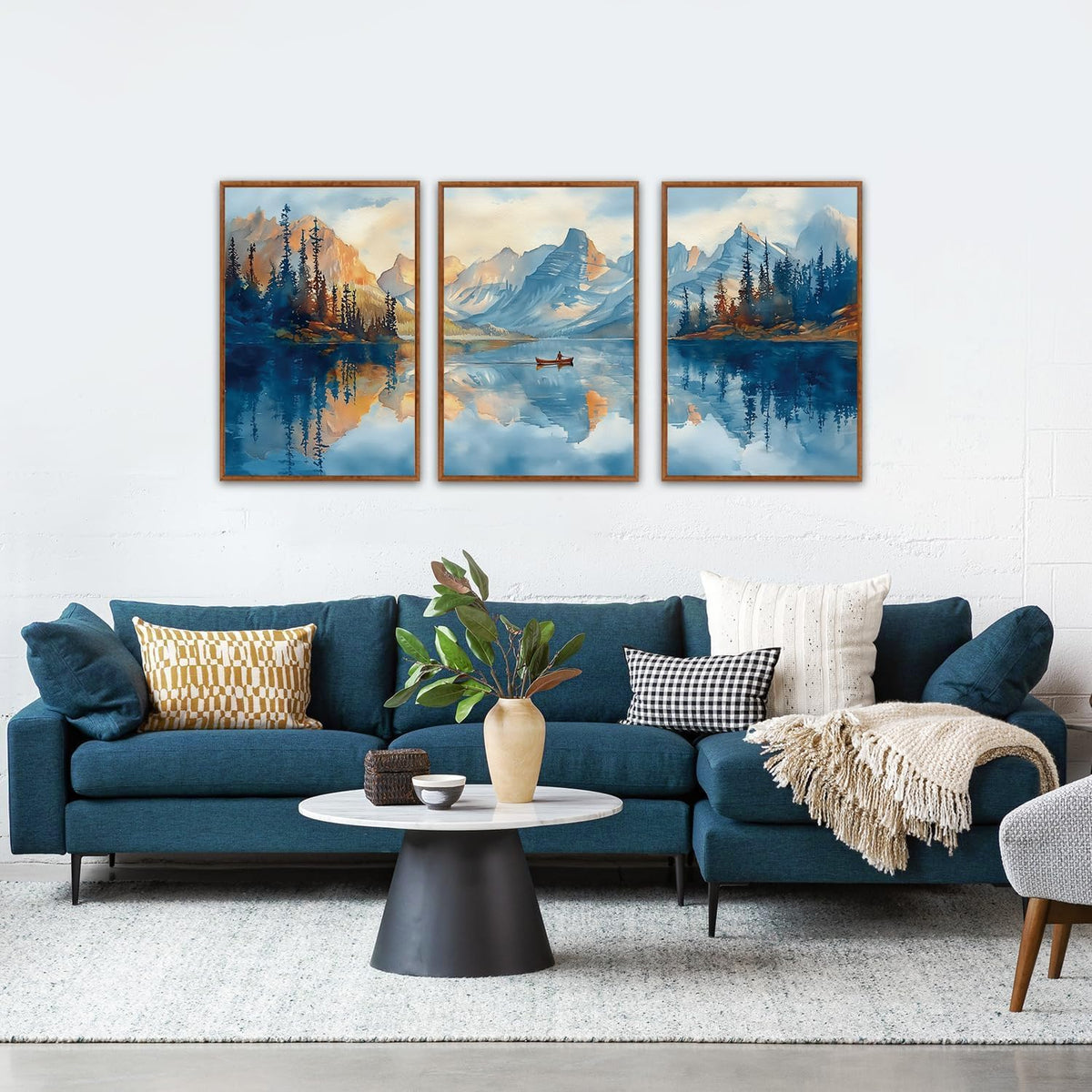 KAIRNE Framed Large Landscape Wall Art,Abstract Forest Prints Paintings,Watercolor Blue Mountain