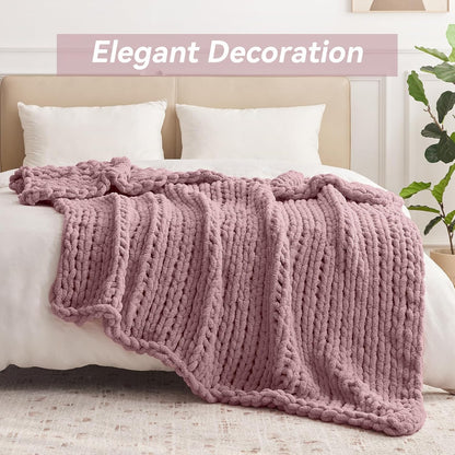 Chunky Knit Throw Blanket, 50''*60'' Knitted Throw Chenille Yarn for Bed Couch, Handmade Muted Pink