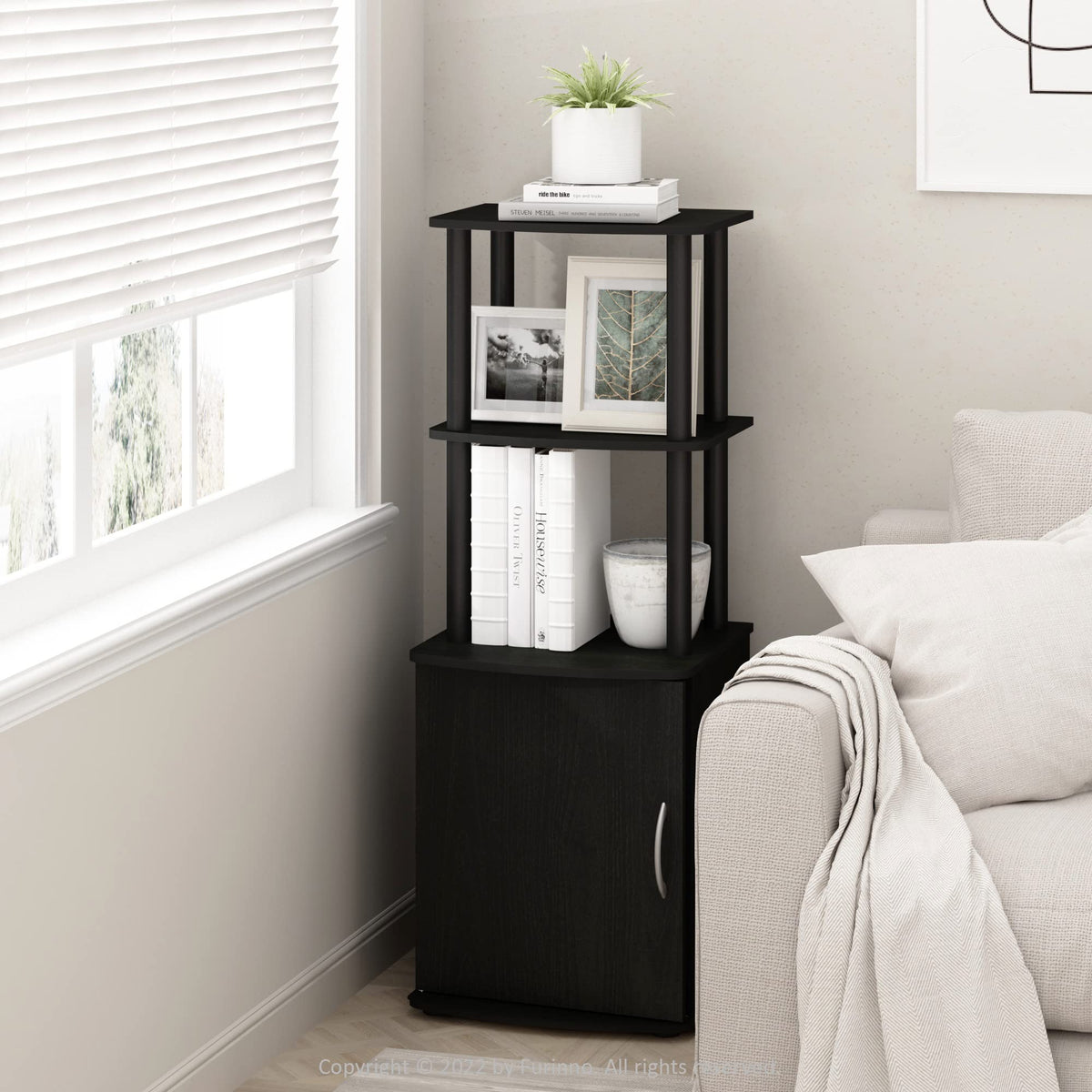 Furinno Turn-N-Tube Tall TV Entertainment Side Table Display Rack with Storage Cabinet, 2-Tier