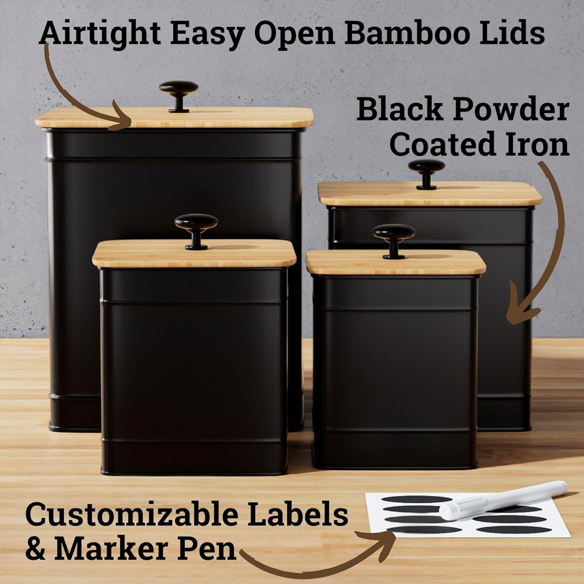 Kitchen Canisters for Countertop Set of 4 with Customizable Chalkboard Labels & Marker Pen - Big