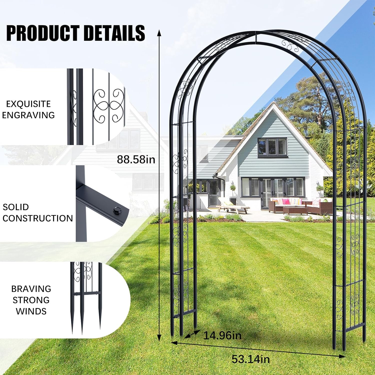 88in Steel Garden Arch Arbor Trellis for Climbing Plants Outdoor,Yard,Garden,Climbing Plants 7ft