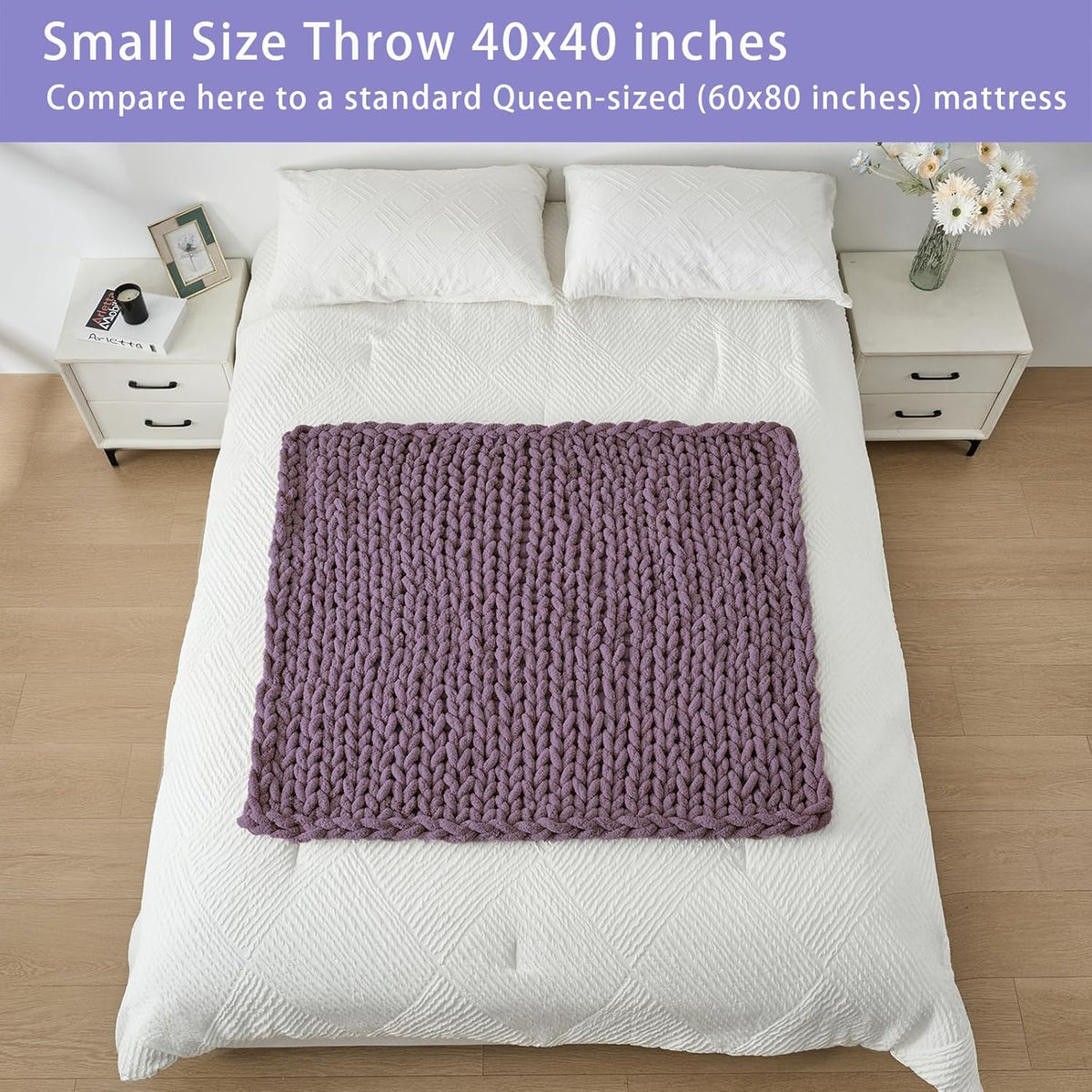 Bigacogo Chunky Knit Throw Blanket for Couch, 40x40 inches, 100% Hand Knitted with Thick Jumbo