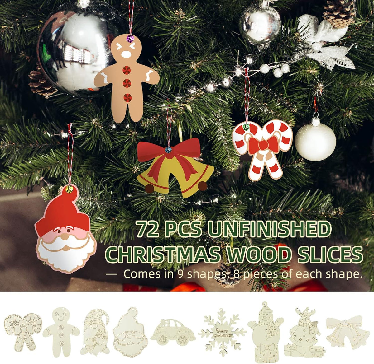 Wooden Christmas Ornaments, 176 PCS Unfinished Predrilled Wood Ornaments Set with 72 Blank Wood