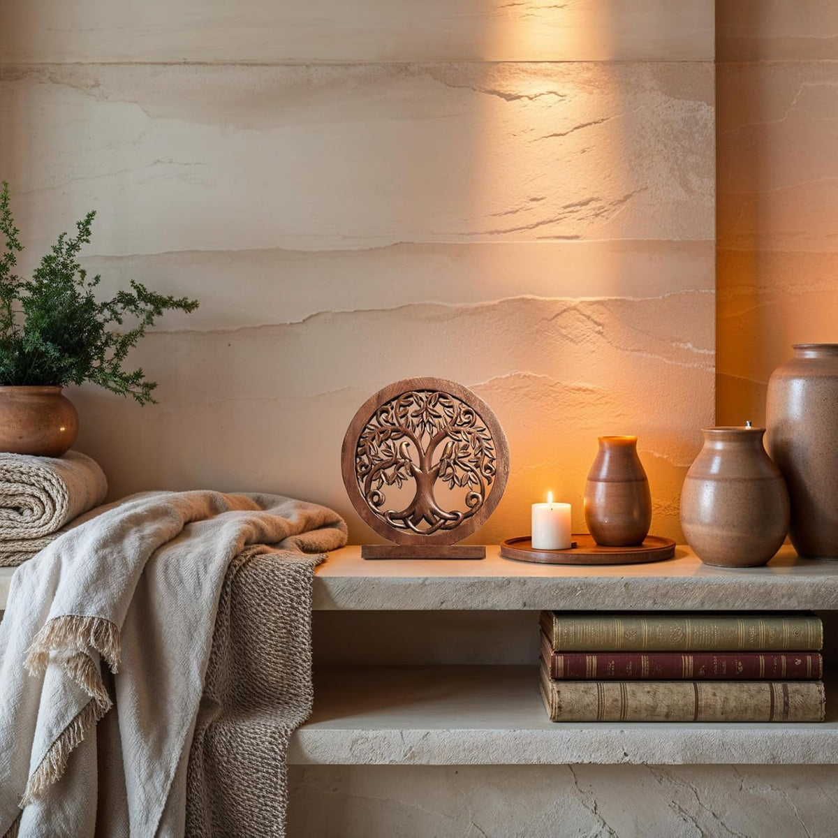 Decozen Solid Wood Tree of Life Sculpture - Home Decor, Living Room, Boho, Shelf, Coffee Table
