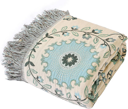 Snycler Boho Throw Blanket for Bed - 100% Cotton Ultra Soft Rustic Quilt - Blue Boho Floral Printed