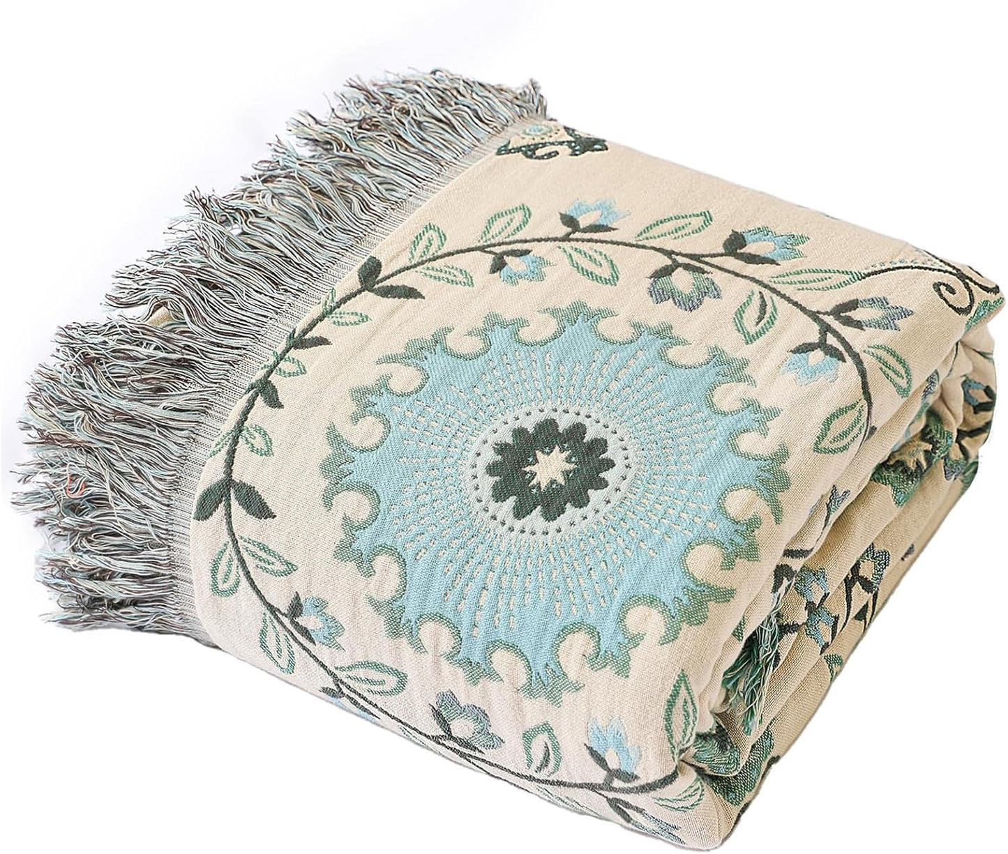 Snycler Boho Throw Blanket for Bed - 100% Cotton Ultra Soft Rustic Quilt - Blue Boho Floral Printed