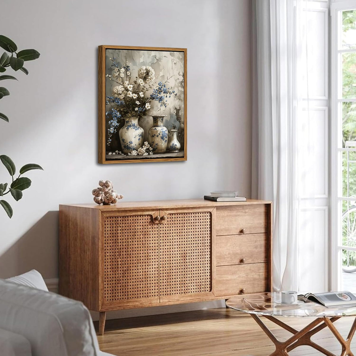 Floating Framed Farmhouse Floral Canvas Wall Art, Vintage Blue and White Flower Pictures Wall