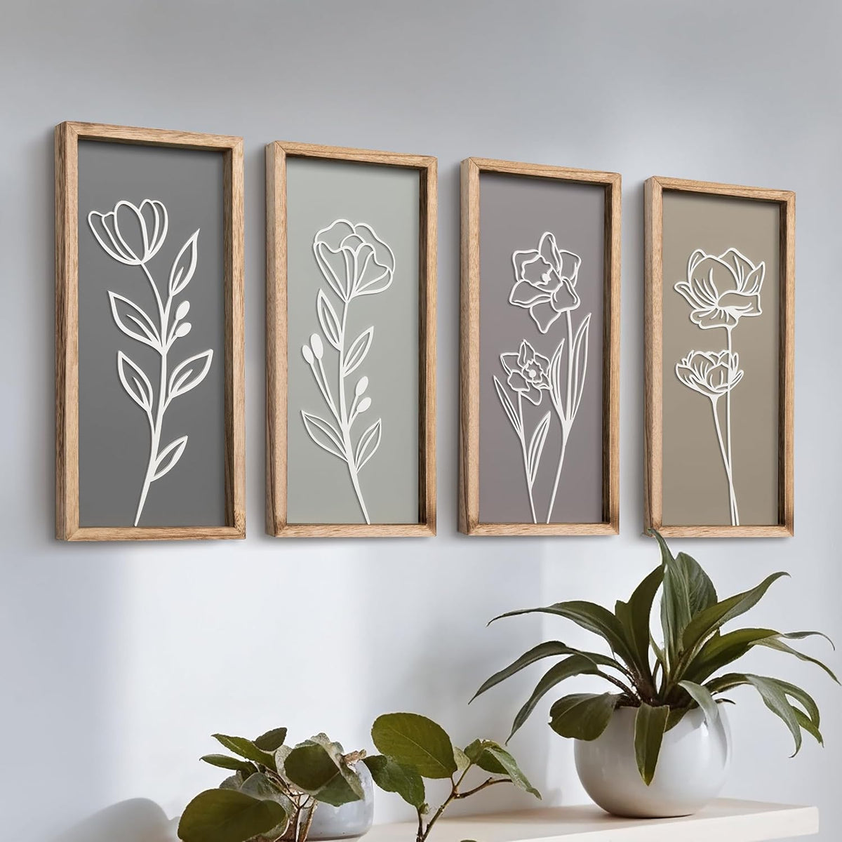 3D Wooden Floral Bathroom Wall Decor (Set of 4) Lightweight, Ready-to-Hang Framed Wall Art For