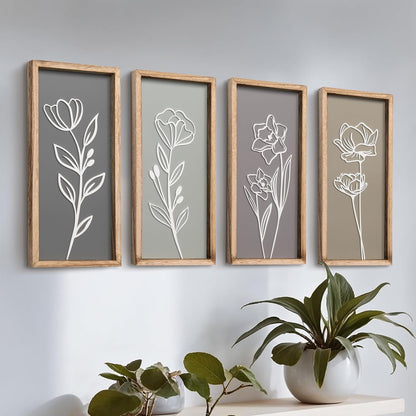 3D Wooden Floral Bathroom Wall Decor (Set of 4) Lightweight, Ready-to-Hang Framed Wall Art For