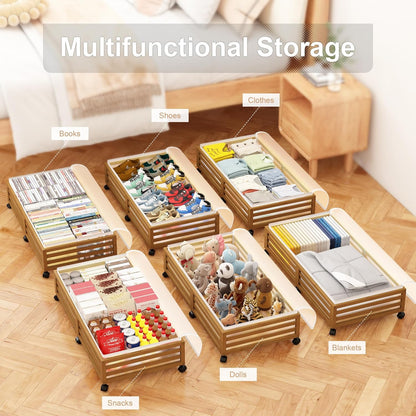 Under Bed Storage Containers With Wheels - 2 Pcs Large Bamboo Wood Rolling Underbed Shoe Storage