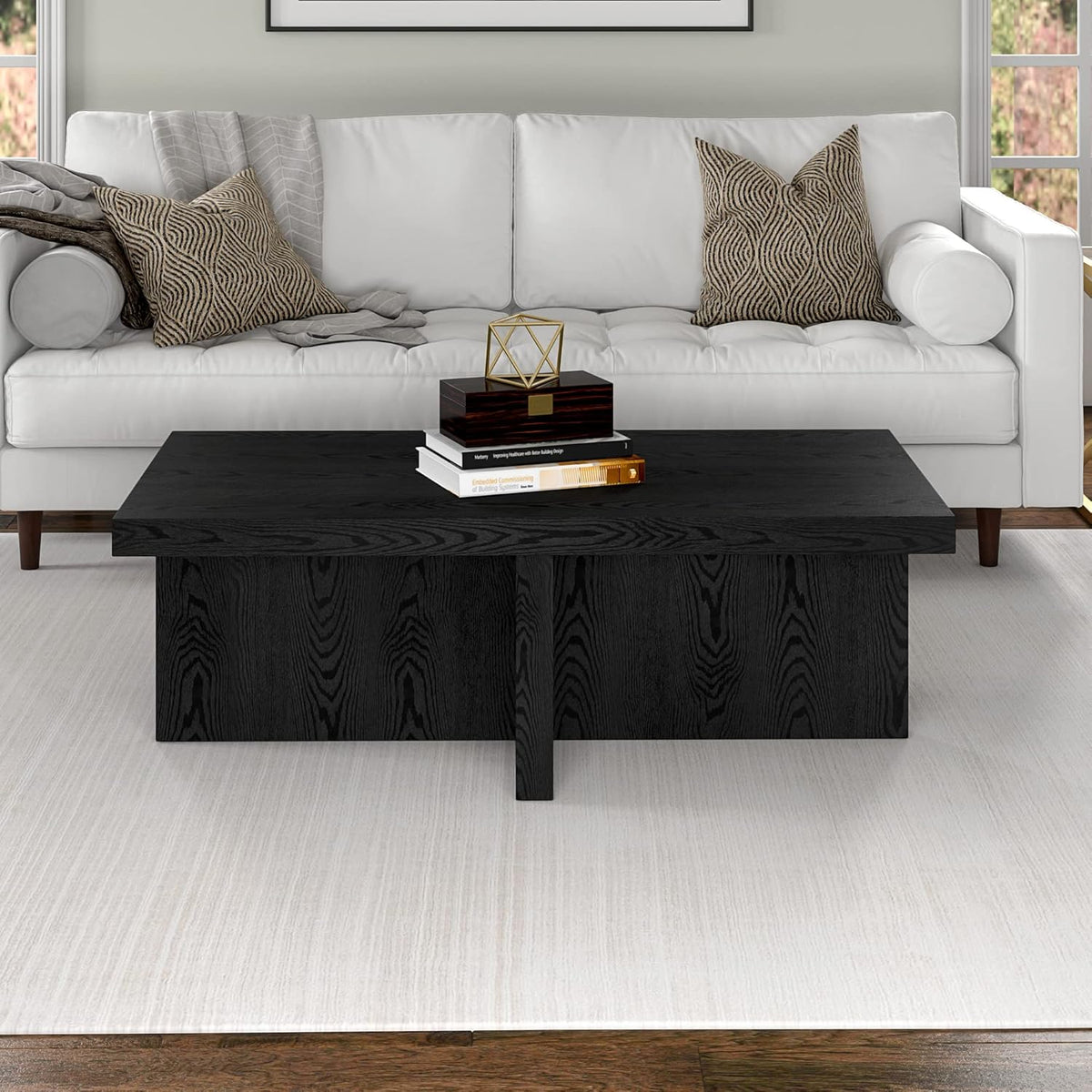 Henn&Hart 44" Rectangular Wood Pedestal Low-Profile Coffee Table for Living Room, Family Room, or