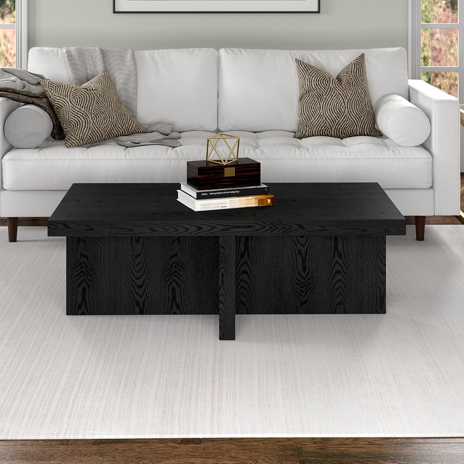 Henn&Hart 44" Rectangular Wood Pedestal Low-Profile Coffee Table for Living Room, Family Room, or