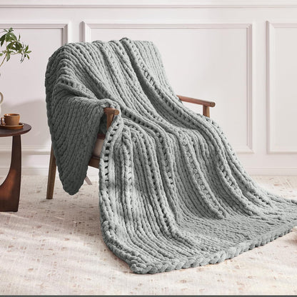 Chunky Knit Throw Blanket, 30''*40'' Knitted Throw Chenille Yarn for Bed Couch, Handmade Light Grey