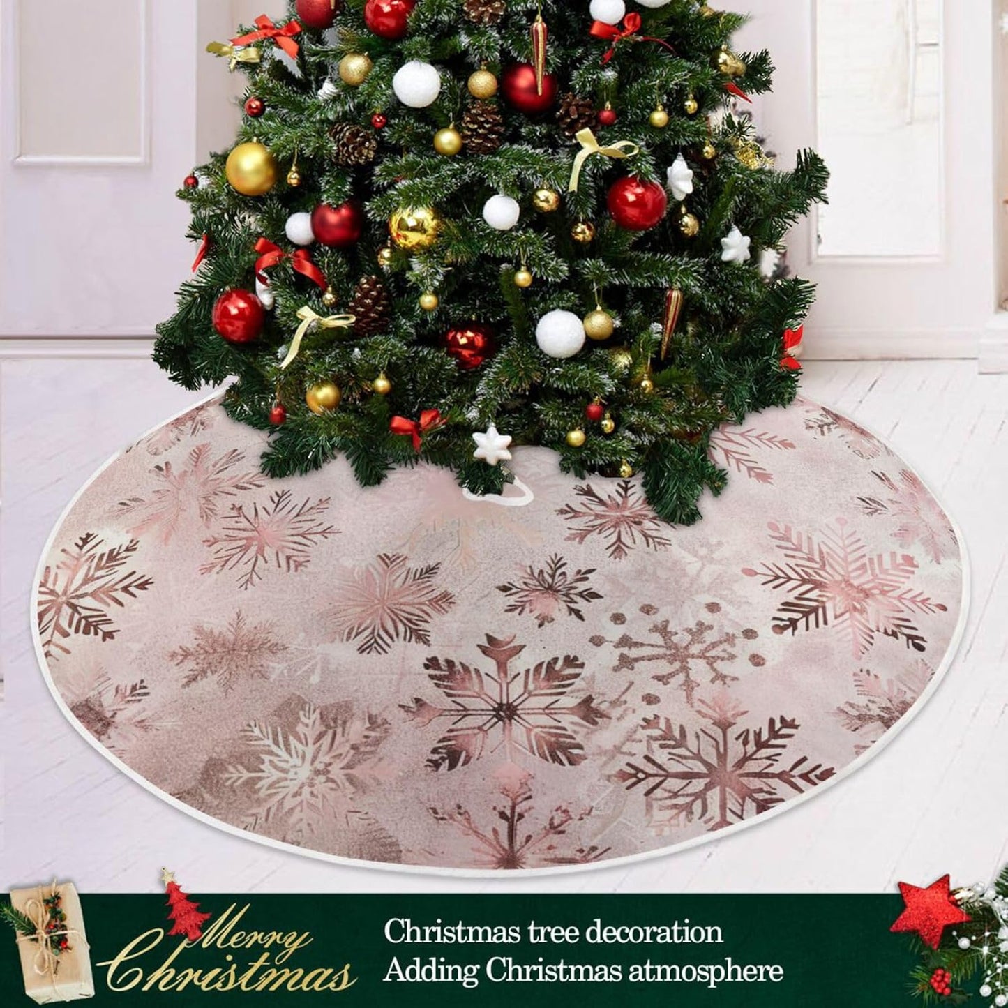 Christmas Tree Skirt, 48 Inch Seamless Pattern Rose Gold Snowflakes Xmas Tree Skirt for Christmas
