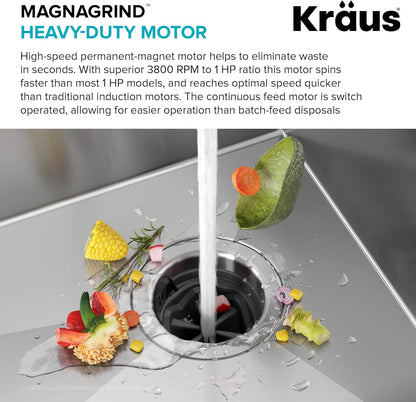 KRAUS WasteGuard High-Speed 1 HP Continuous Feed Ultra-Quiet Motor Garbage Disposal with Power Cord