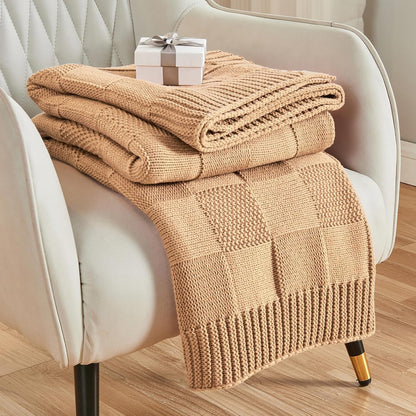 CozeCube Check Knit Throw Blanket, Beige Checkered Throw for Couch, Decorative Christmas Soft Cozy