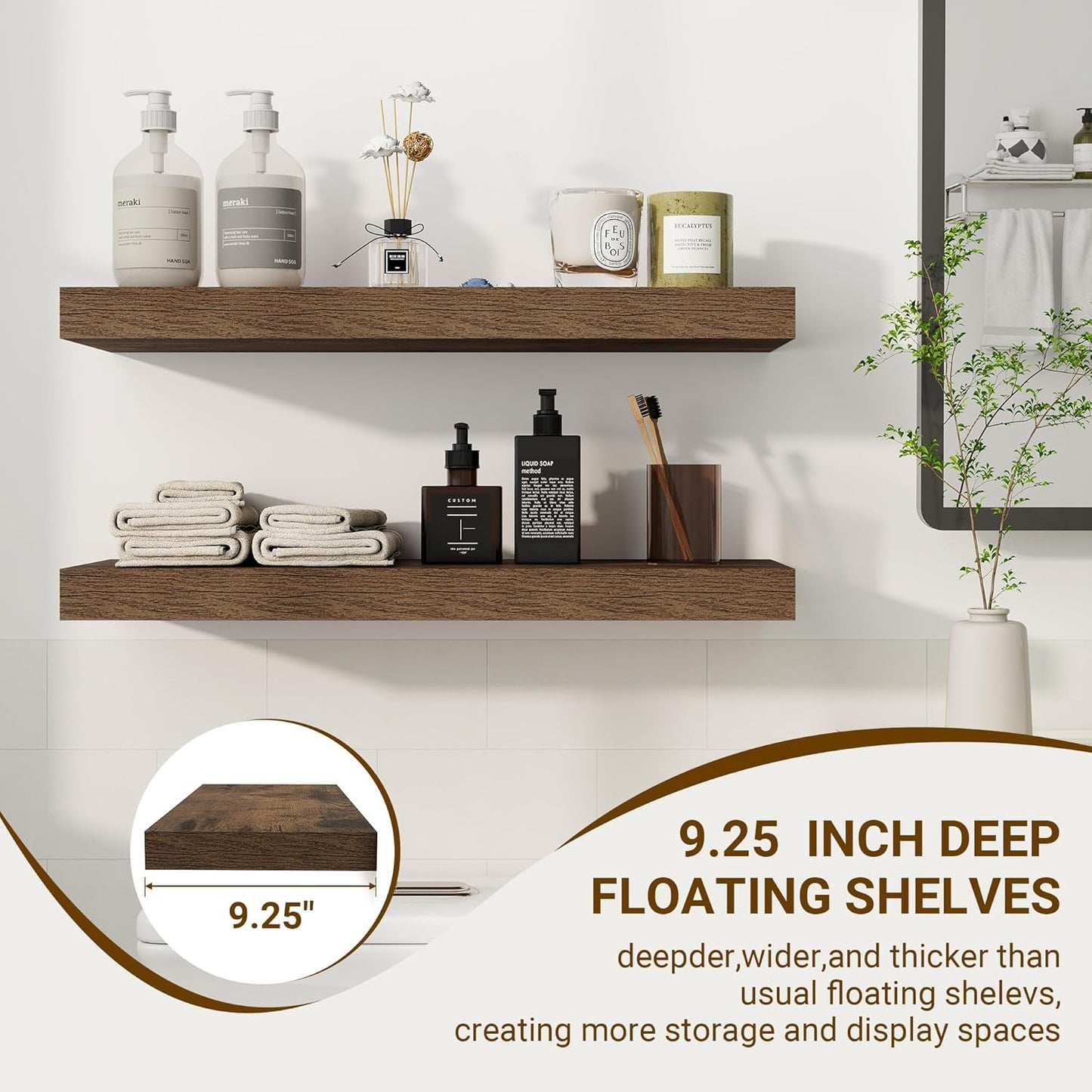 24 Inch Floating Shelves, 24"x9.25"x1.5" Inch Deep Floating Shelves for Wall, Wooden Shelves for