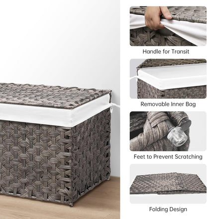 Wicker Storage Basket with Lid, 42.3 Gallon (160L) Large Blanket Basket with Lid, Woven Storage Bin