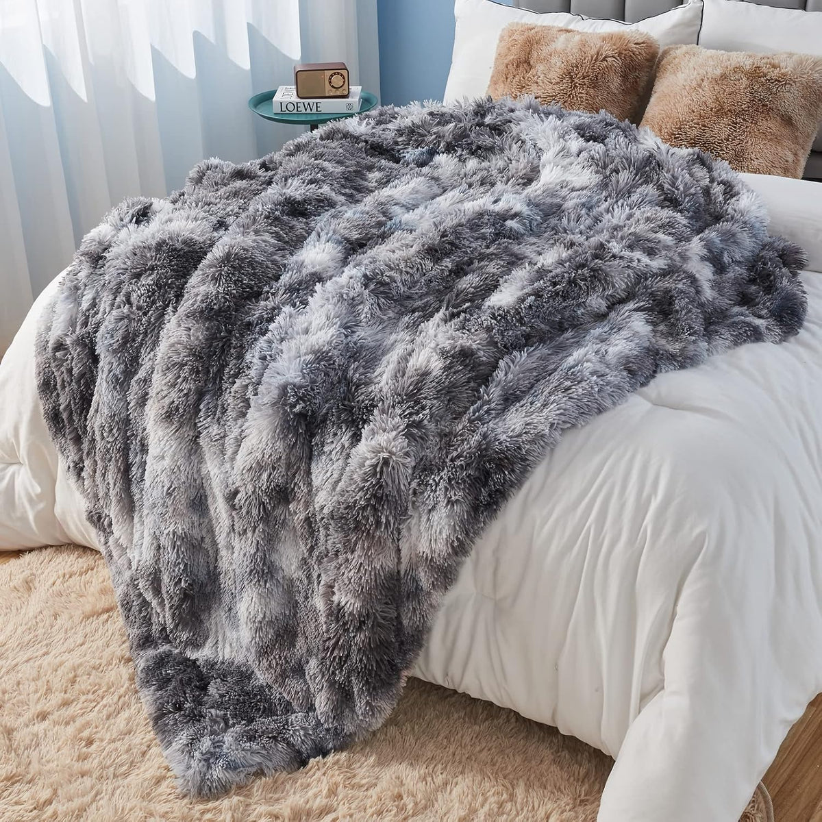 GONAAP Fuzzy Faux Fur Throw Blanket Twin Size Tie-dye Marble Black Super Soft Cozy Plush Fuzzy