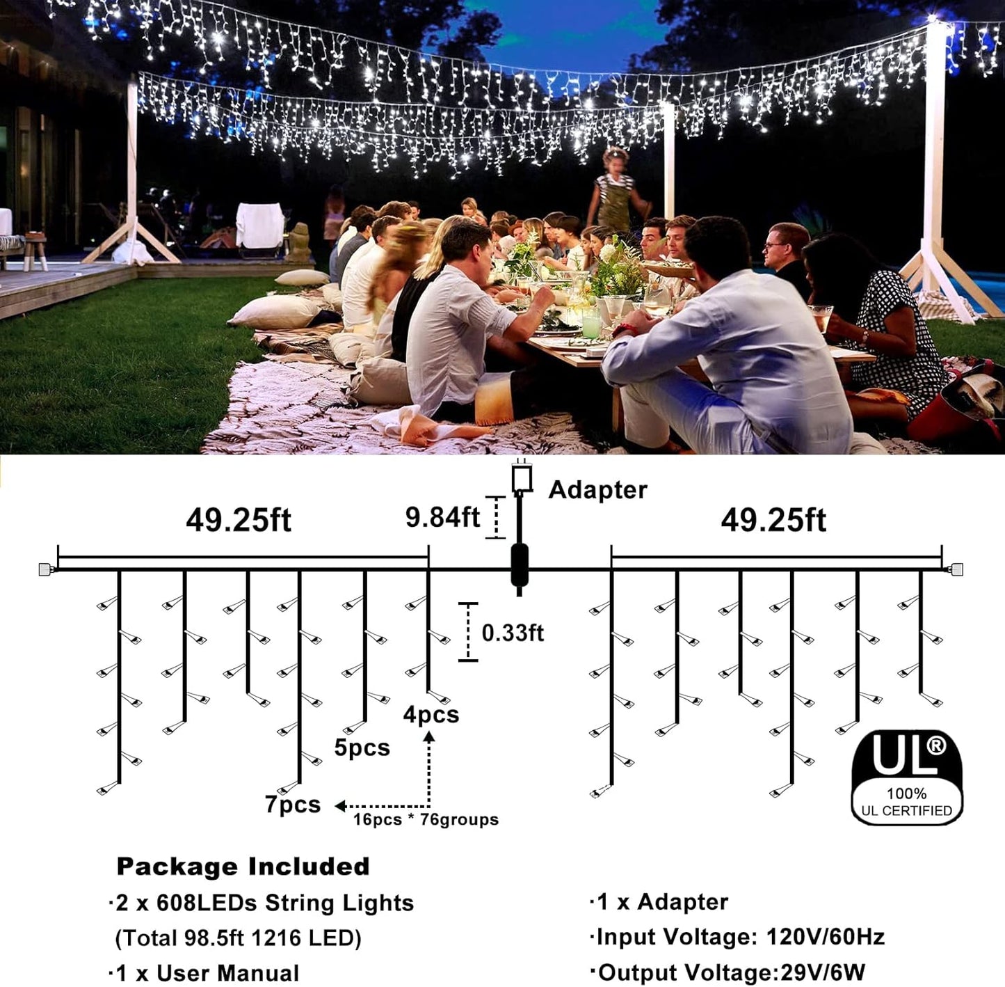Icicle Christmas Lights, 98FT 1216 LED Icicle Lights for Outside with 228 Drops, 8 Modes Waterproof