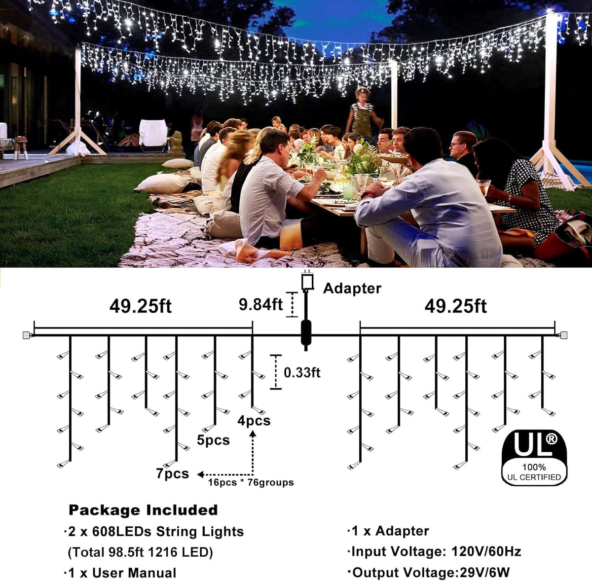 Icicle Christmas Lights, 98FT 1216 LED Icicle Lights for Outside with 228 Drops, 8 Modes Waterproof