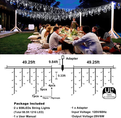 Icicle Christmas Lights, 98FT 1216 LED Icicle Lights for Outside with 228 Drops, 8 Modes Waterproof