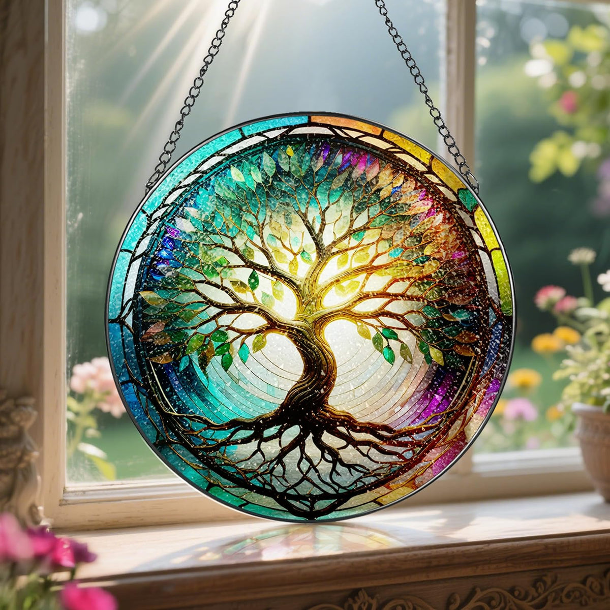 Stained Glass Window Hanging, LAOWEIKI 8'' Tree of Life Suncatcher, Stained Glass Ornament
