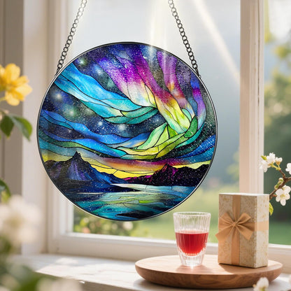 Stained Glass Window Hanging - 8 Inch Aurora Borealis Suncatcher for Window Doors Home Decoration