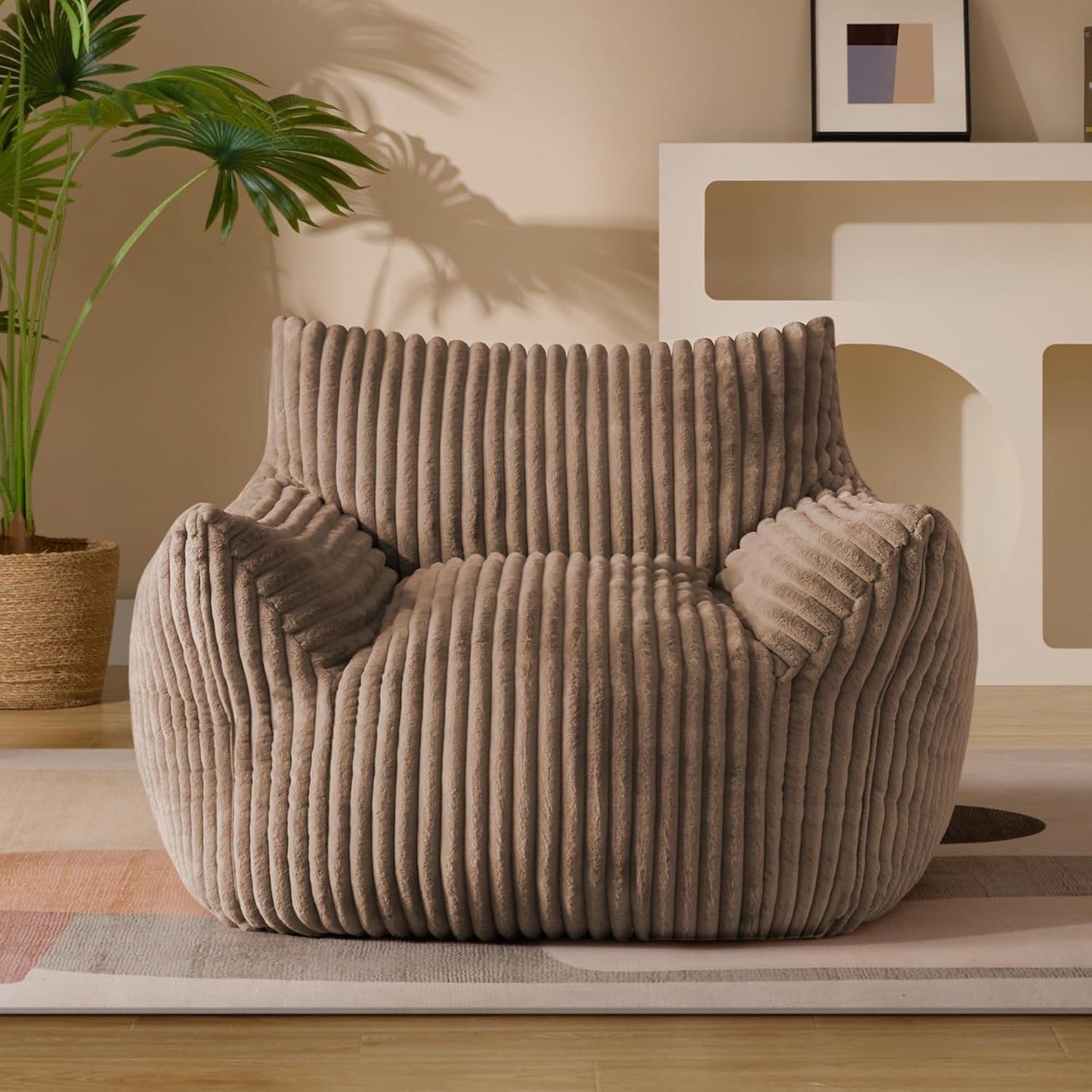 Giant Plush Bean Bag Chair for Adults with Armrests - Oversized Comfy Khaki Beanbag Lounge Lazy