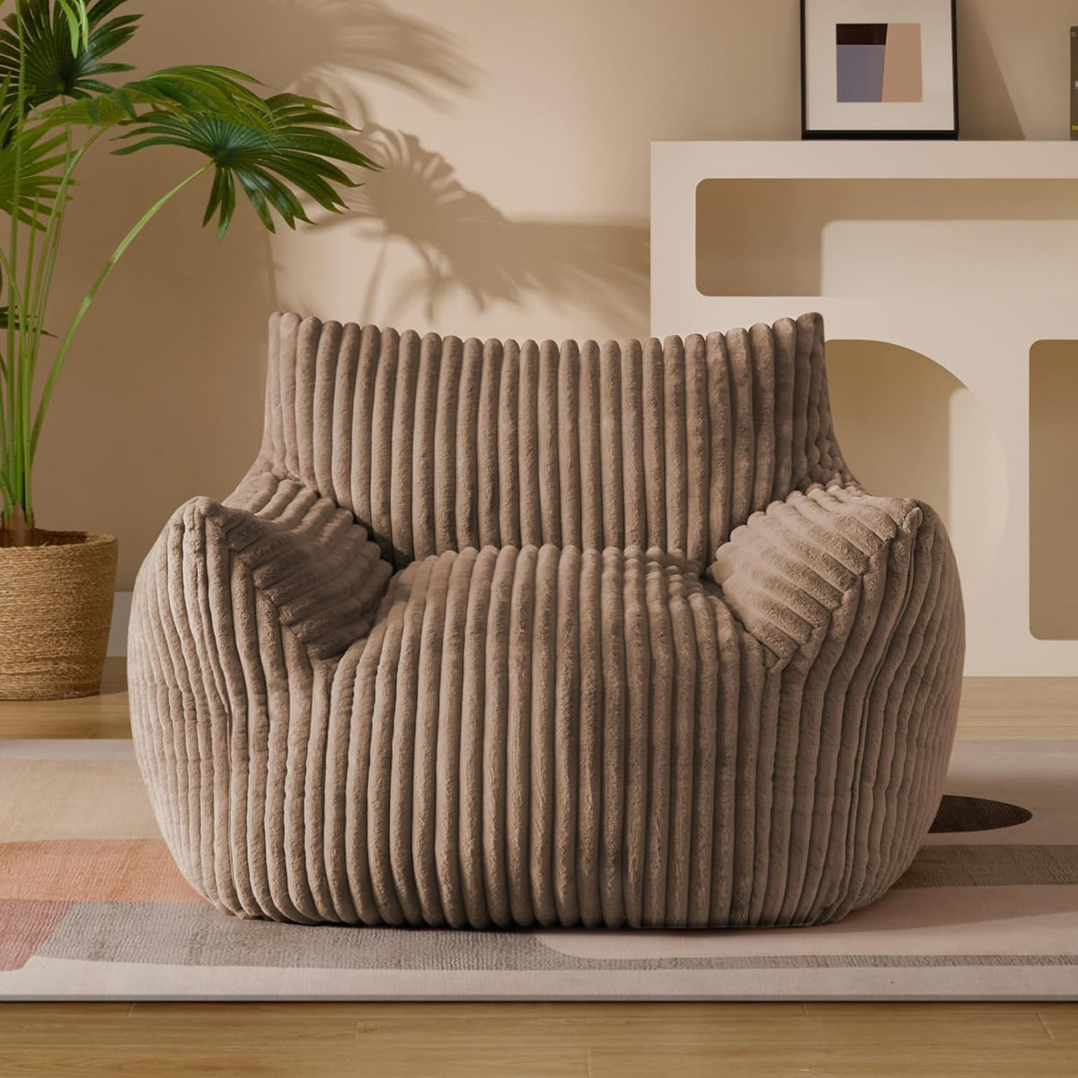 Giant Plush Bean Bag Chair for Adults with Armrests - Oversized Comfy Khaki Beanbag Lounge Lazy