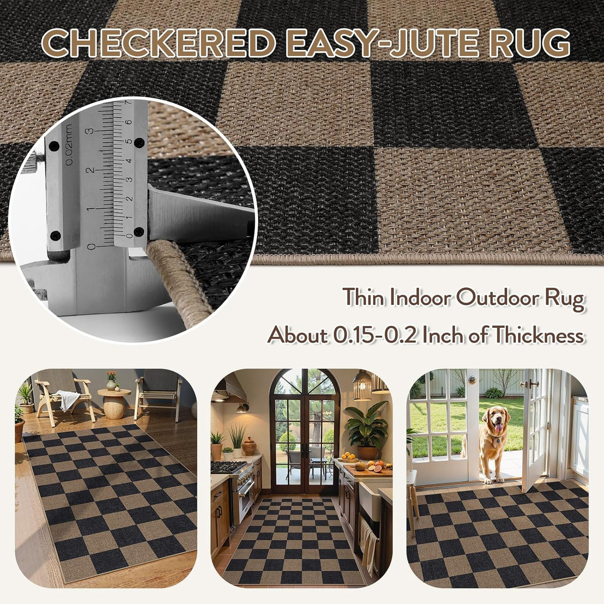 Lahome Checkered Easy Jute 3x5 Rug, Washable Rugs for Living Room Entryway Farmhouse Non Slip Black