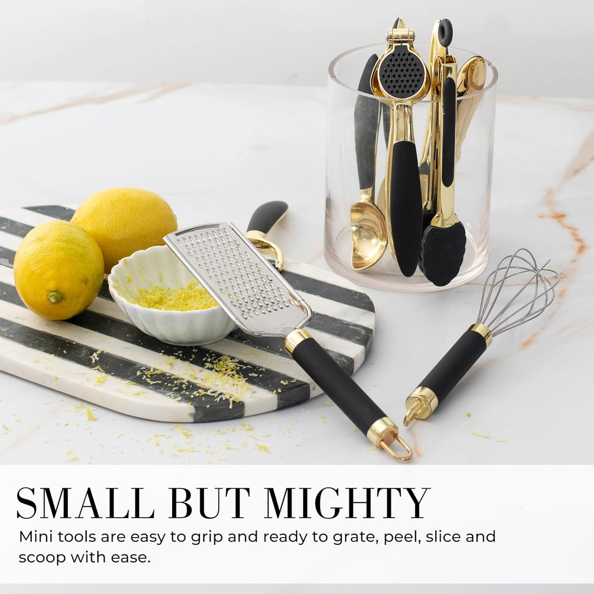 Black and Gold Kitchen Utensils - Luxe 8-Piece Gold Kitchen Tools Set with Can Opener, Pizza