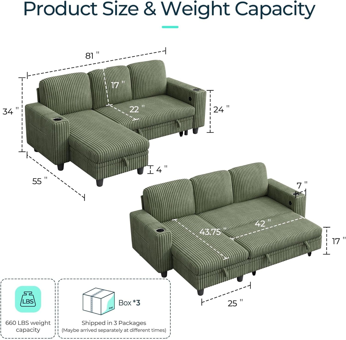 LINSY HOME Sectional Sleeper Sofa with Pull Out Couch Bed Convertible Plush Corduroy Cloud Couch