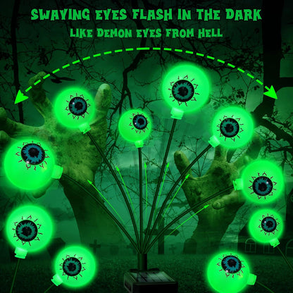 Solar Halloween Decorations, 4 Pack 24 LED Spooky Eyeball Lights, Outdoor Waterproof Solar Green