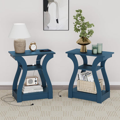 End Tables Living Room Set of 2,End Table with Charging Station and USB,Navy Blue Side Table