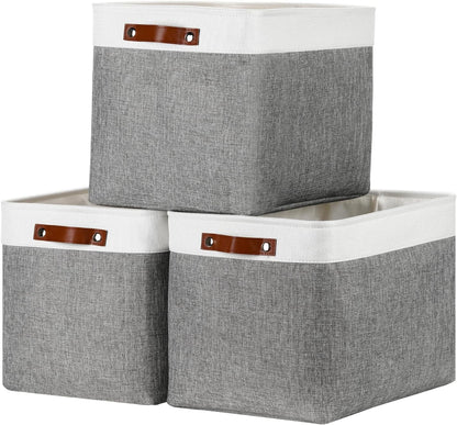DULLEMELO Large Storage Baskets, Fabric Storage Basket with Leather Handles for Shelves Closet