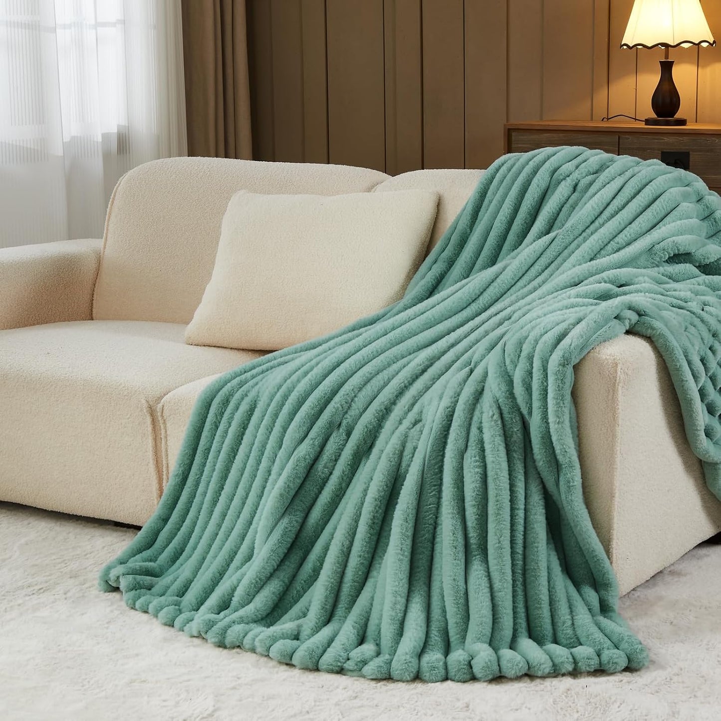 NEWCOSPLAY Faux Fur Twin Blanket New Sage Green 3D Ribbed Plush Thick Warm Blanket for Couch Sofa
