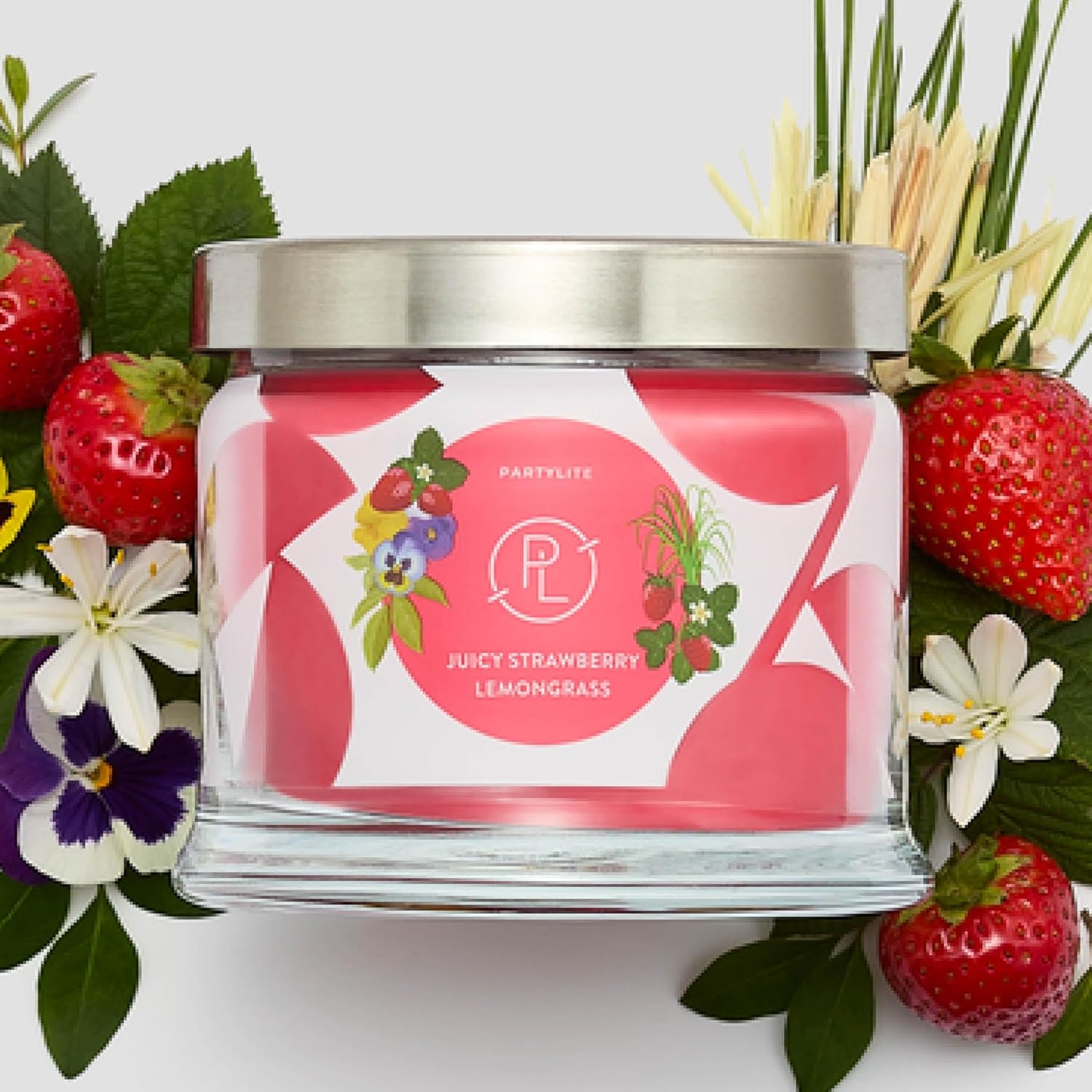 PartyLite Juicy Strawberry Lemongrass Scented, Notes of Lemongrass, Eucalyptus, Pansies, Verbena &