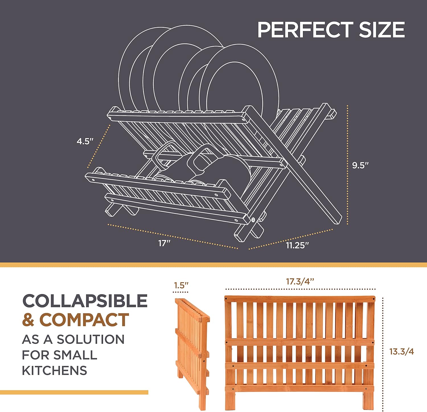 BAMBUSI Dish Drying Rack - Collapsible 2-Tier Bamboo Dish Rack for Kitchen Counter, Wooden Dish