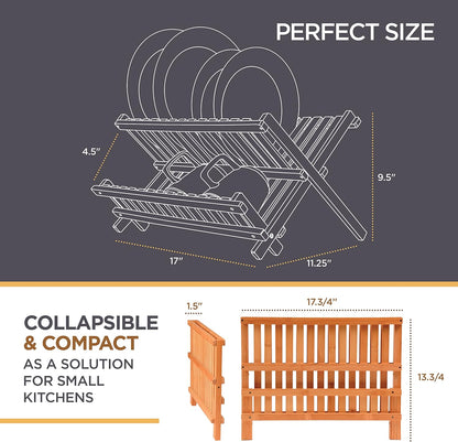 BAMBUSI Dish Drying Rack - Collapsible 2-Tier Bamboo Dish Rack for Kitchen Counter, Wooden Dish