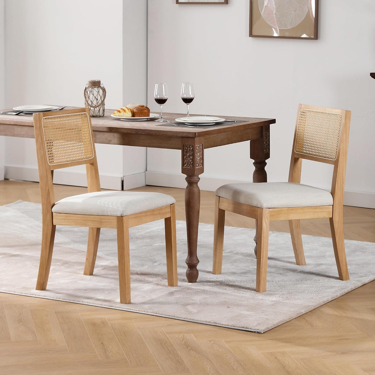 Westice Rattan Dining Chairs Set of 6, Farmhouse Natural Dining Room Chairs with Upholstered