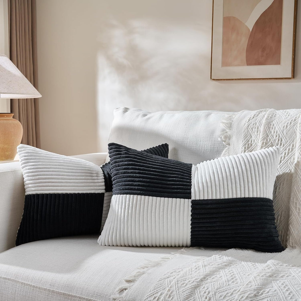 Fancy Homi Set of 2 Black White Lumbar Decorative Throw Pillow Covers 12x20 Inch for Living Room