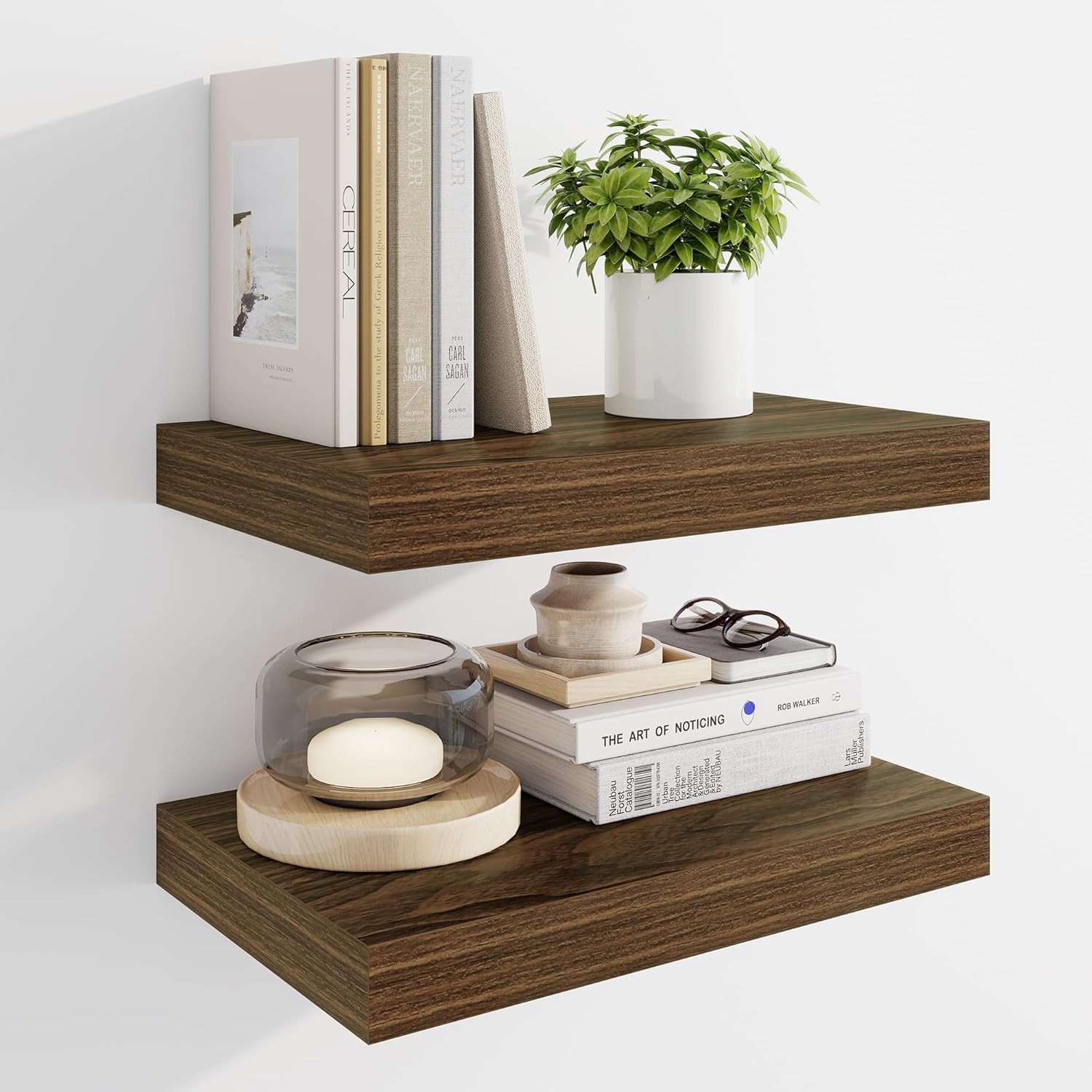 Marsmiles 16" Floating Shelves for Wall, Wooden Shelves with Invisible Brackets Set of 2, Rustic