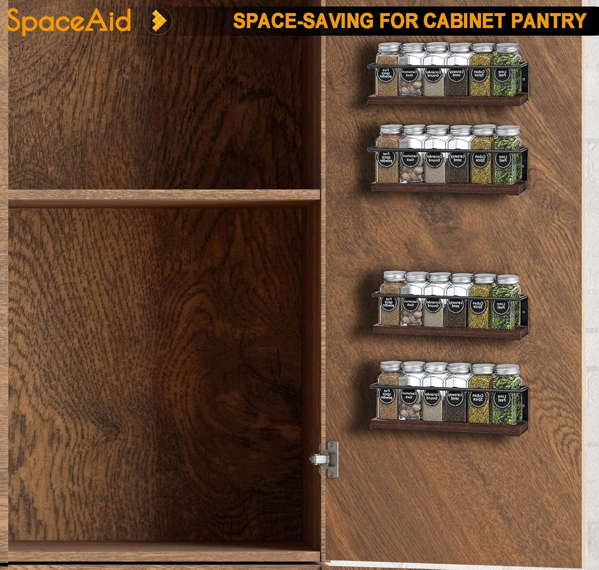 SpaceAid Spice Rack with 24 Spice Jars, 386 Spice Labels, Chalk Marker and Funnel, Wood Hanging