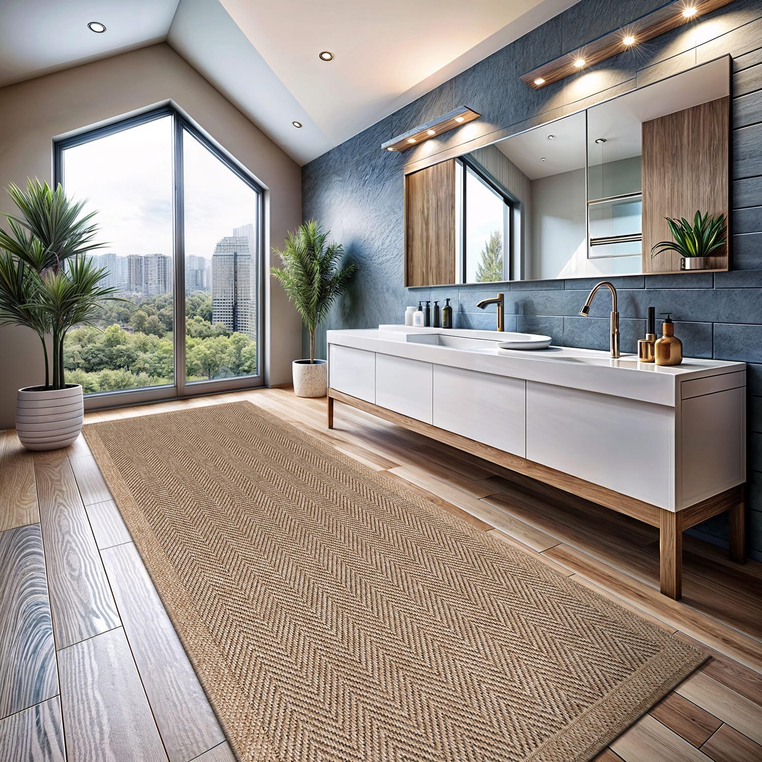 CAMILSON Indoor and Outdoor Runner Rug Natural Herringbone Seagrass Boho Design Easy-Cleaning Non