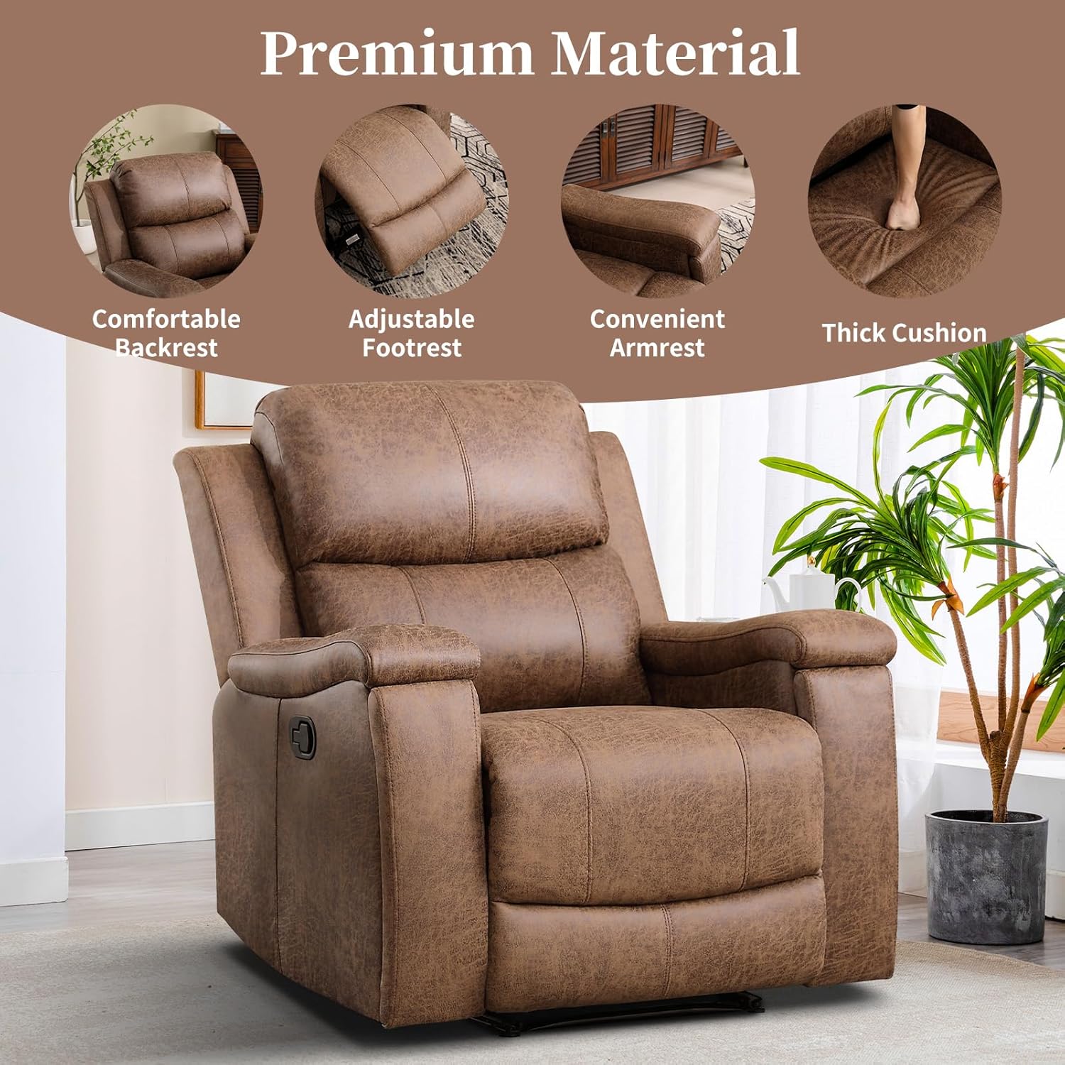EBELLO Recliner Chair, Single Overstuffed Sofa Recliner, Breathable Faux Leather Manual Reclining