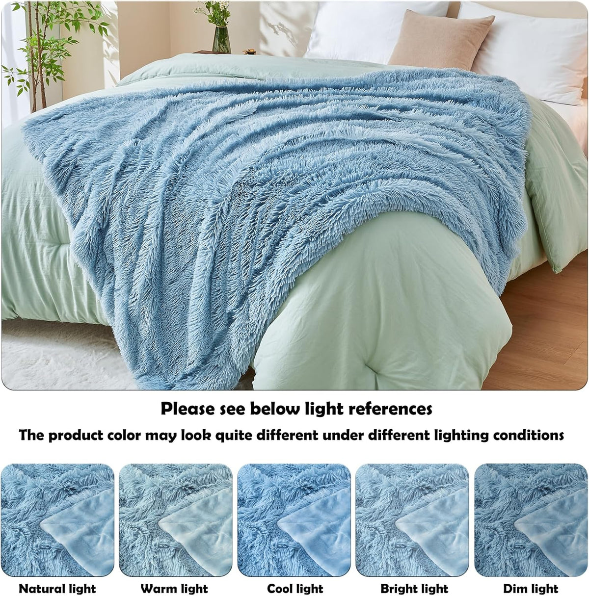GONAAP Fuzzy Faux Fur Throw Blanket Twin Size Light Blue Super Soft Cozy Plush Fuzzy Shaggy Blanket