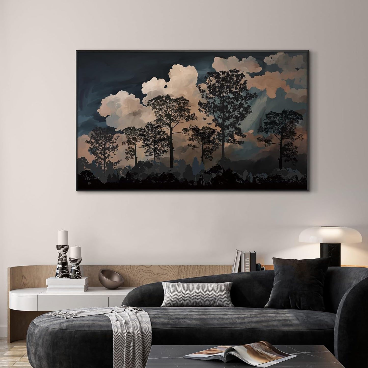 SIGNWIN 30"x60" Extra Large Framed Wall Art Silhouetted Trees at Dusk, Dramatic Forest and
