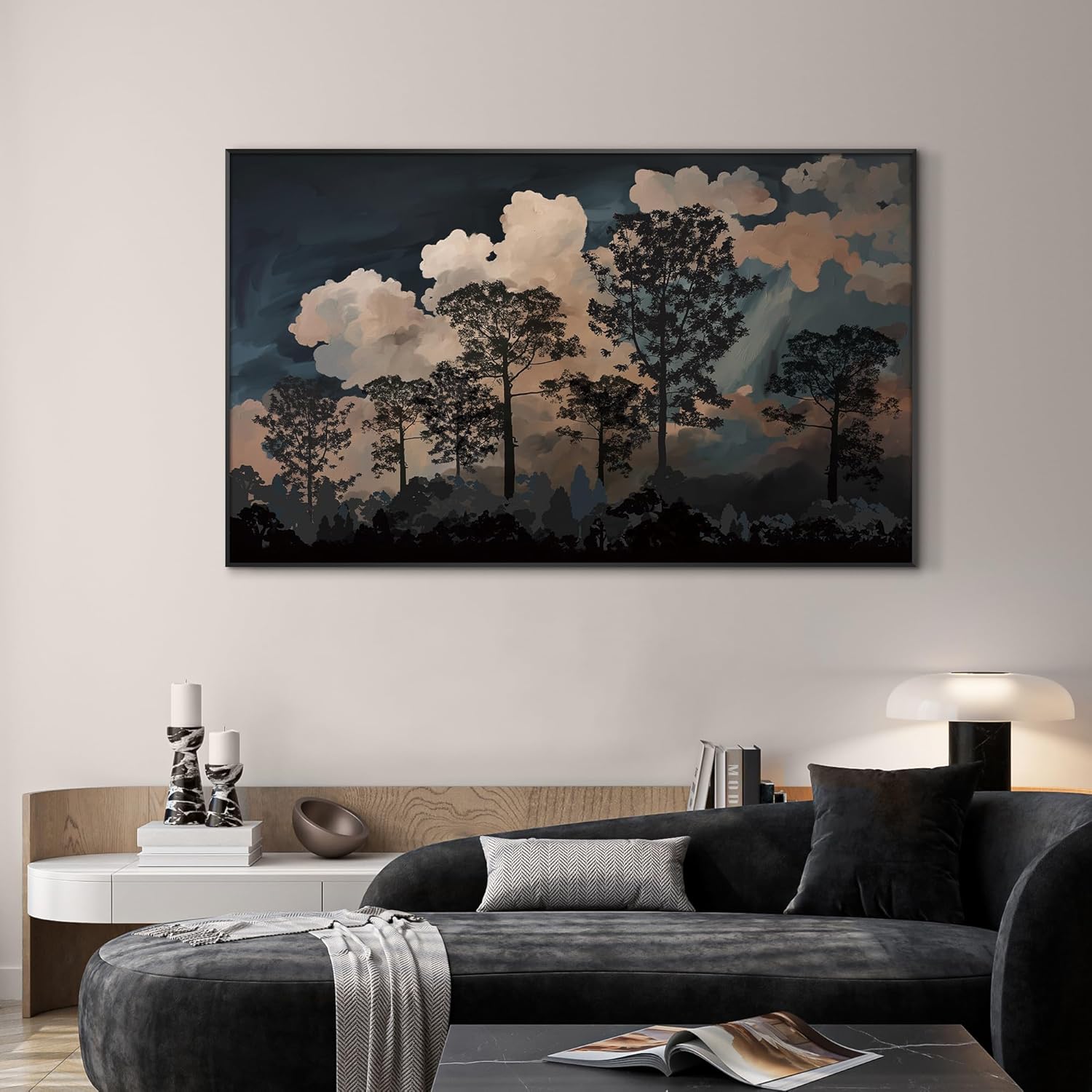SIGNWIN 30"x60" Extra Large Framed Wall Art Silhouetted Trees at Dusk, Dramatic Forest and